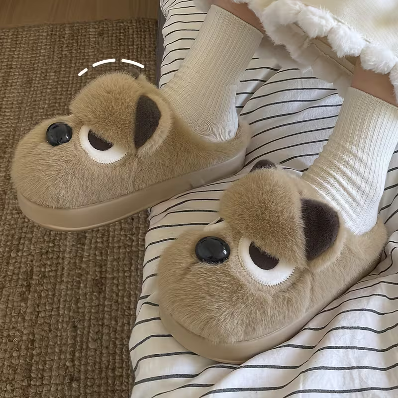 Women's Plush Cute Pomeranian Dog Design Winter Non-Slip Slippers