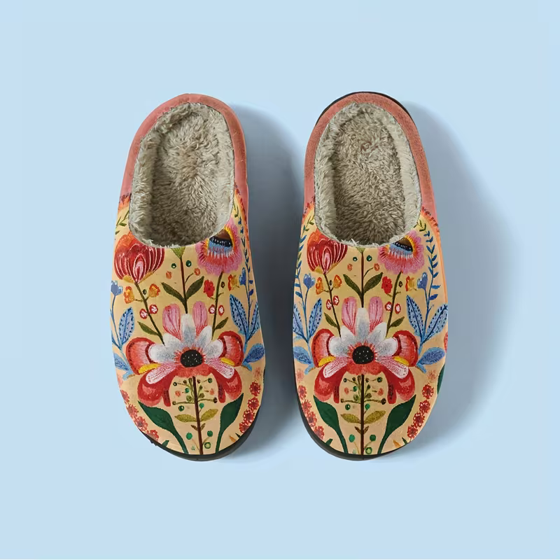 Women's Cozy Plush Vibrant Floral Design Slippers Indoor/Outdoor Shoes