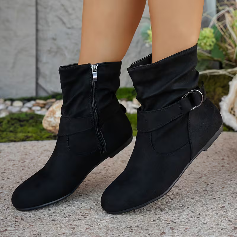 Women's Chic Low Heel Ankle Boots with Side Zipper & Buckle Detail