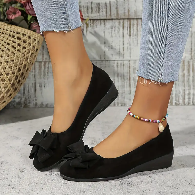 [One Bowknot Wedge Heeled Shoes] Women's Bowknot Decor Lightweight & Comfortable Wedge Heeled Slip On Shoes