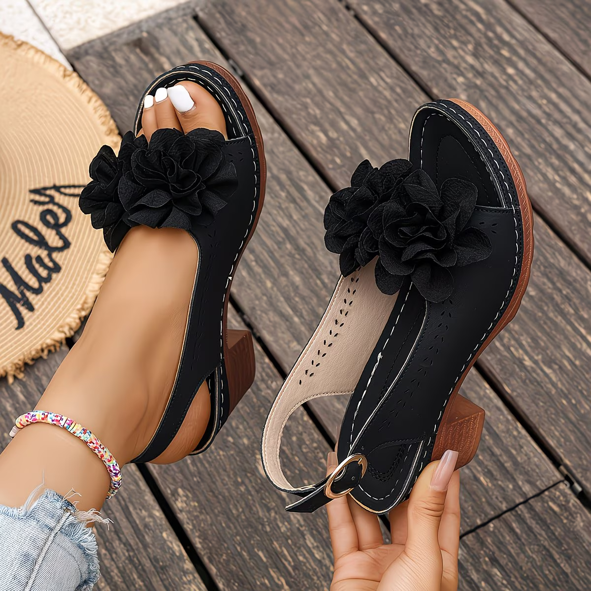 Women's Stylish Elegant Versatile Flower Chunky Heel Sandals