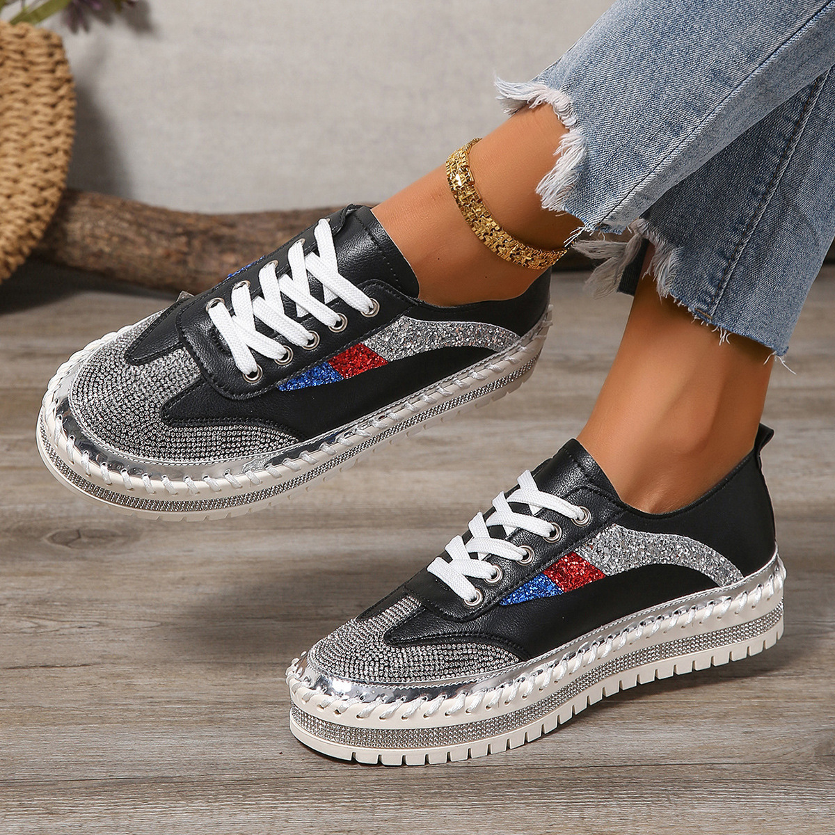Women's Glittering Rhinestone Fashionable Comfortable Versatile Platform Casual Shoes