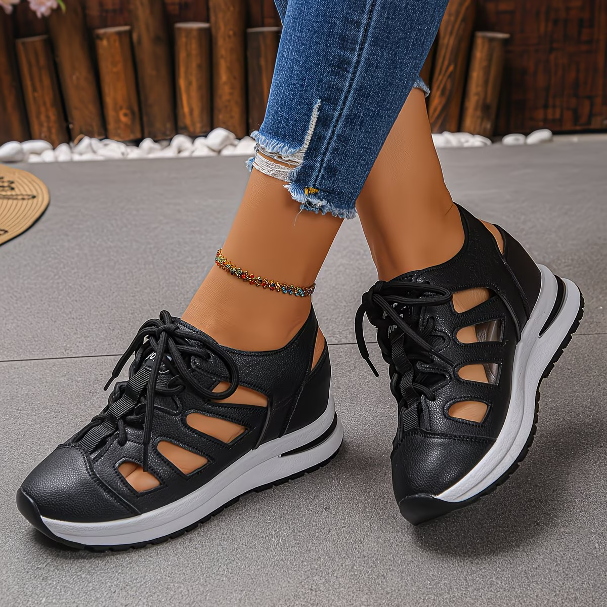 Women's Fashion Hollow-Out Invisible Height Increase Thick Platform Wedge Heel Soprts Sandals