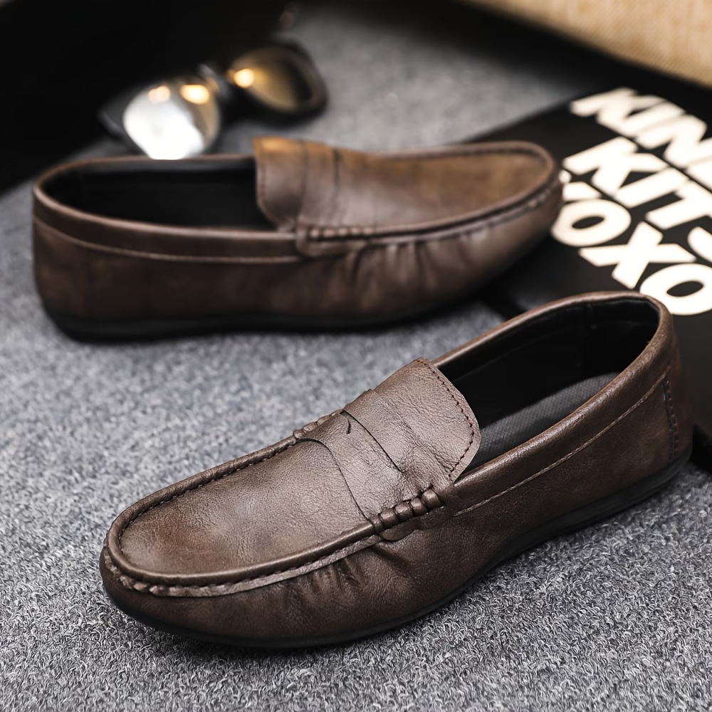 Men's British Style Soft & Comfortable & Lightweight Leather Slip-On Loafers Business Flat Shoes