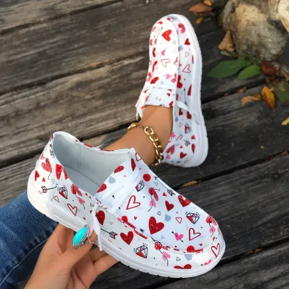 Women's Lightweight Heart Print Slip‑On Loafers Walking Shoes