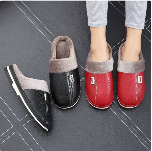 Unisex Warm Waterproof Non‑Slip Leather Winter Slippers Indoor House Shoes