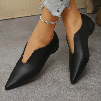 Women's Elegant V-Cut Pointed Leather Low Heel Shoes Office Everyday Footwear