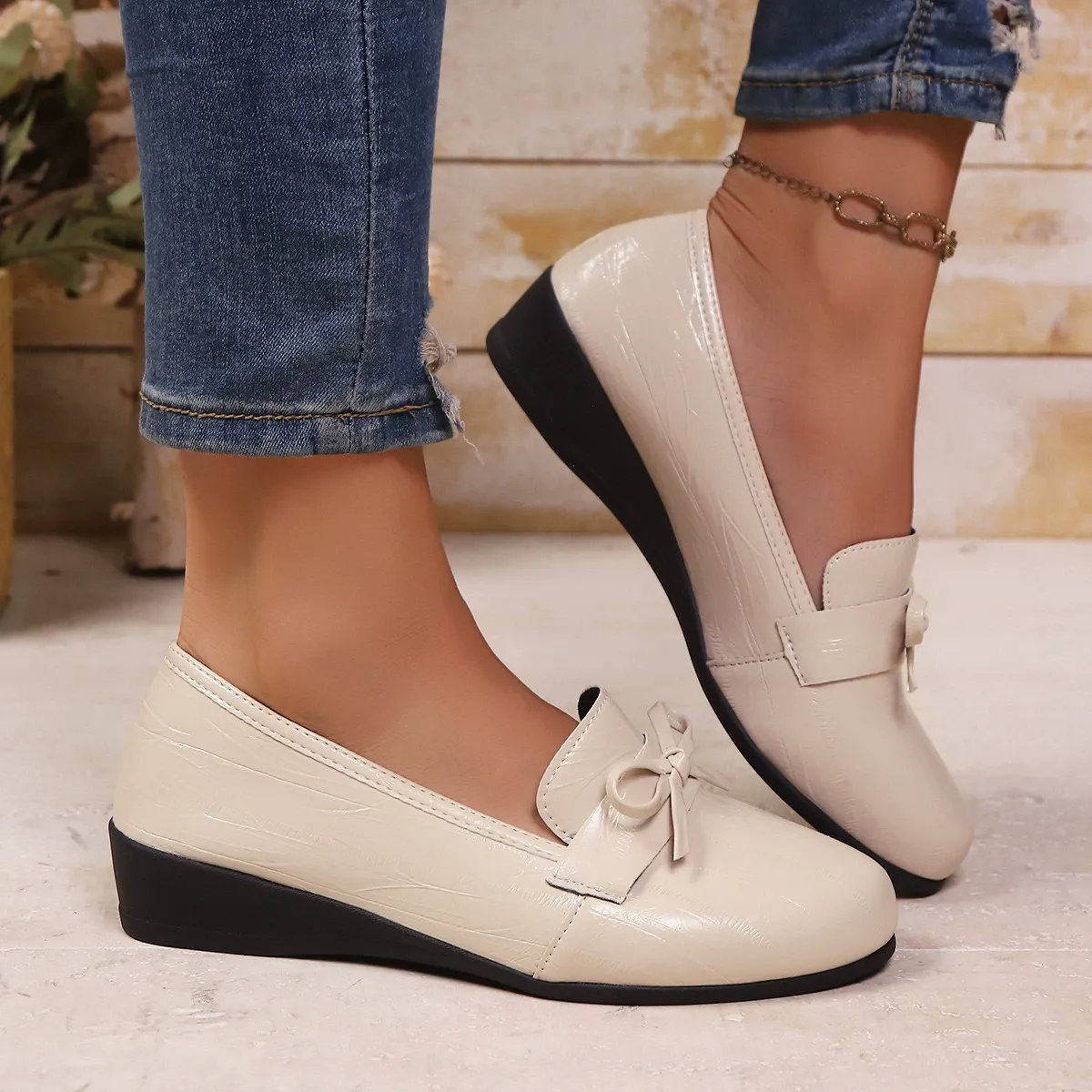 Women's Bow Wedge Loafers Roomy Wide Fit Slip‑On Shoes