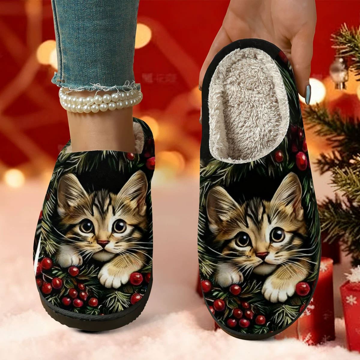 Christmas Kitten Print Fuzzy House Slippers