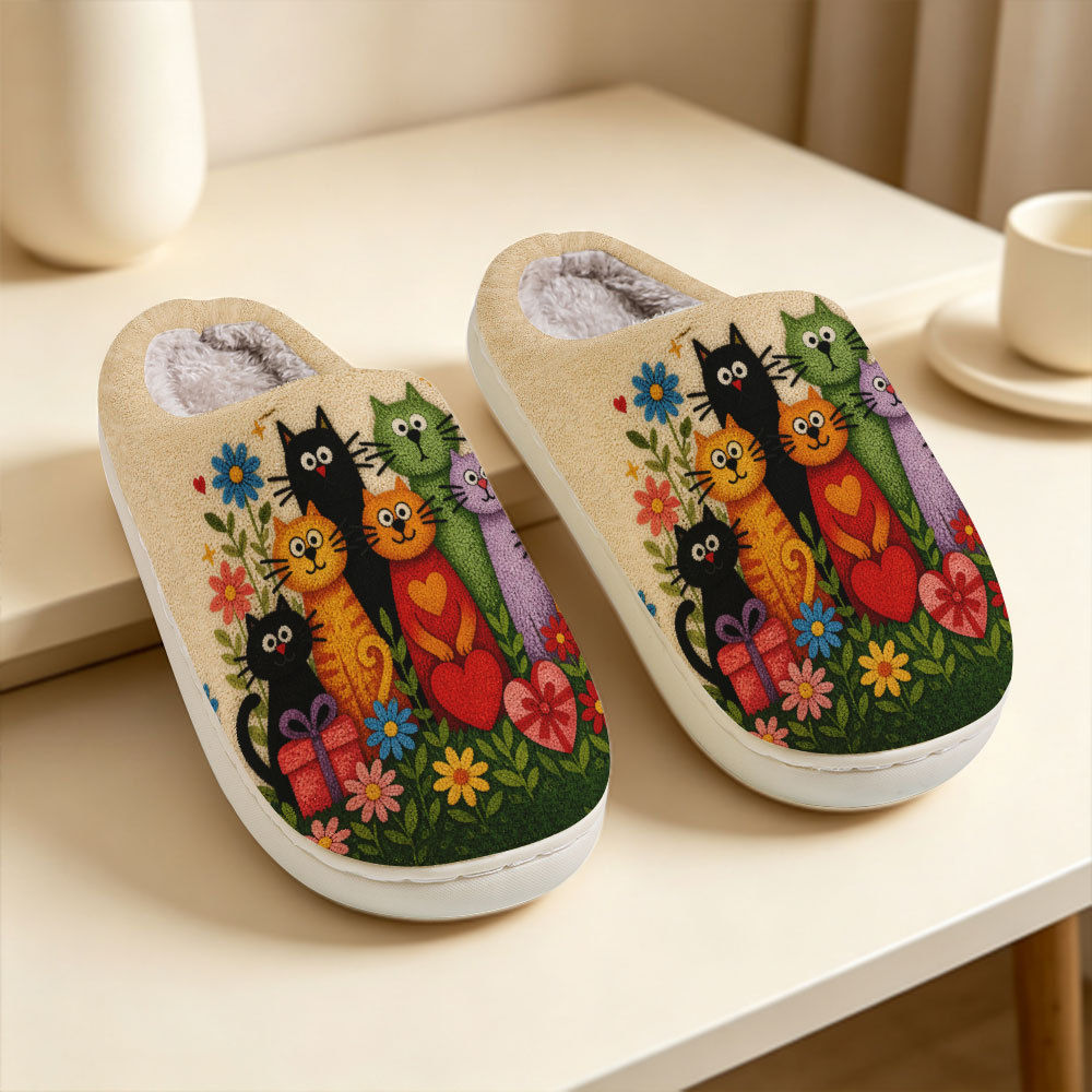 Women's Folk Art Multi‑Cat Floral Print Fuzzy House Slippers