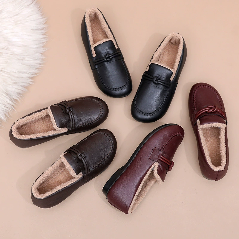 Women’s Fleece Lined Leather Loafers Slip On Warm Shoes
