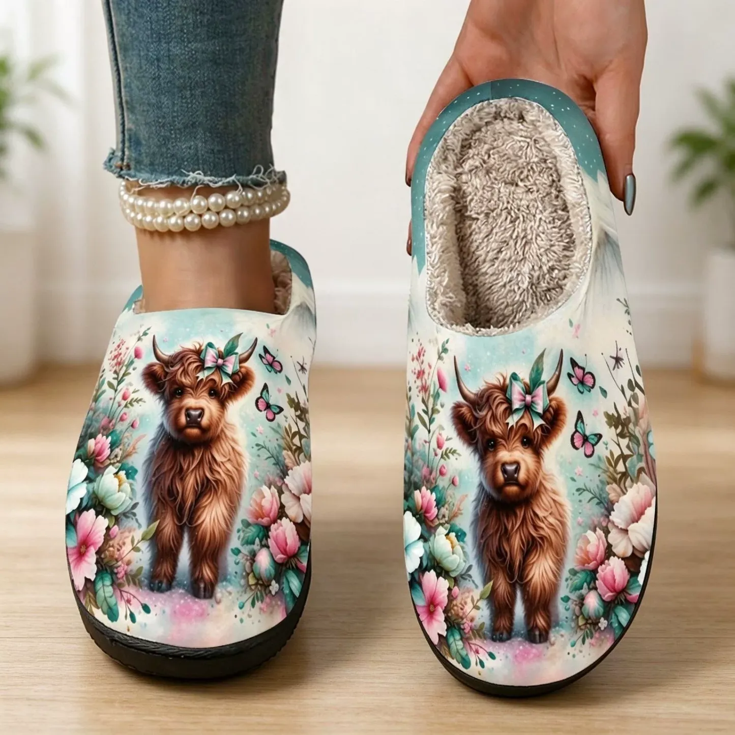 Women's Cute Highland Cow Floral Print Fleece Lined Slippers