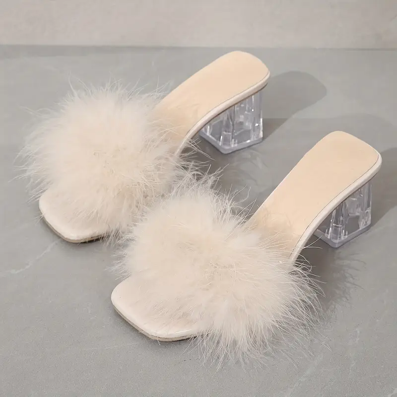 Women's Fashion Faux Fur Decor Chunky Heel Sandals Summer Slip-On Sandals