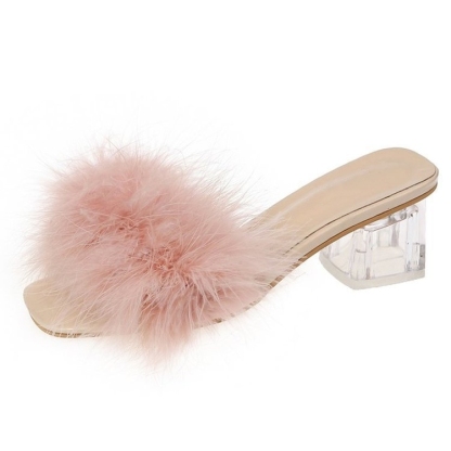 Women's Fashion Faux Fur Decor Chunky Heel Sandals Summer Slip-On Sandals