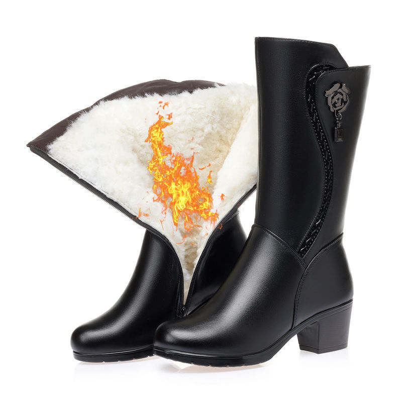 Women's Fashion Rose Side Zipper Plush Lined Chunky Heel Boots