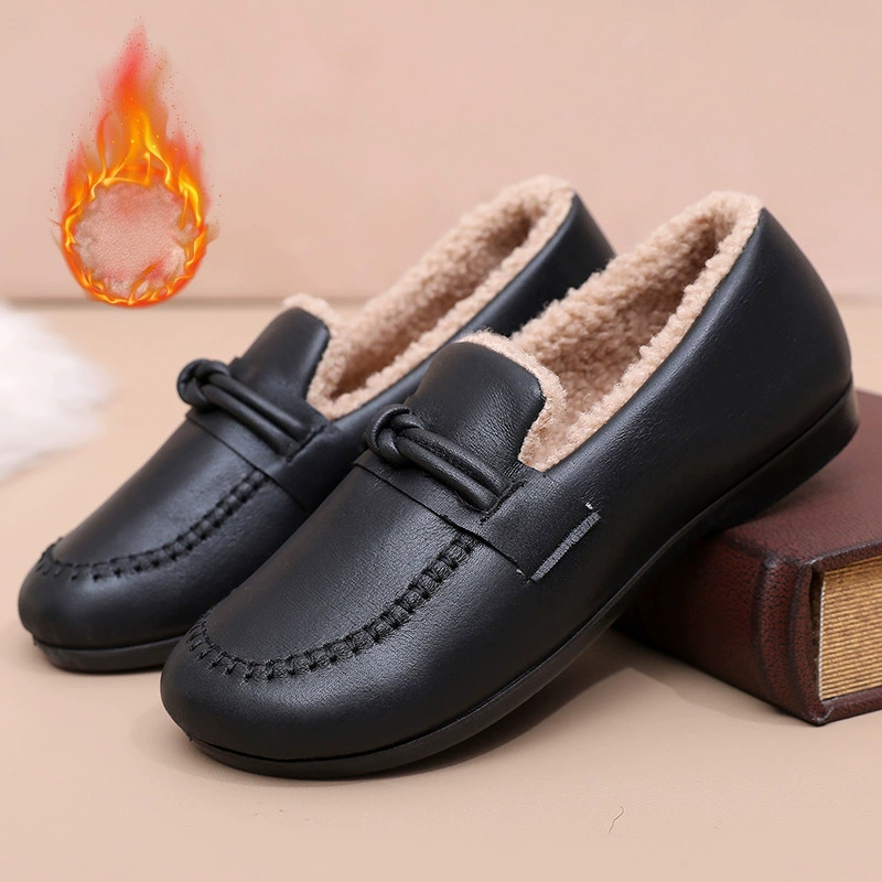 Women’s Fleece Lined Leather Loafers Slip On Warm Shoes