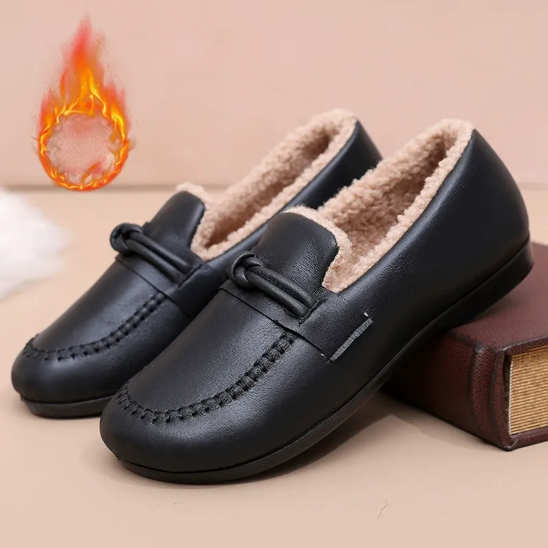 Women’s Fleece Lined Leather Loafers Slip On Warm Shoes