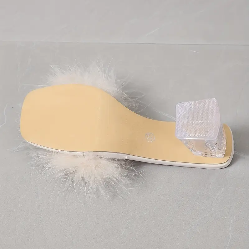Women's Fashion Faux Fur Decor Chunky Heel Sandals Summer Slip-On Sandals