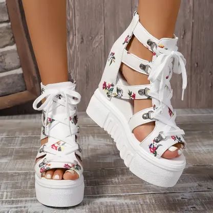 Women's Floral Hollow Vintage Wedge Platform Sandals Holiday Shoes