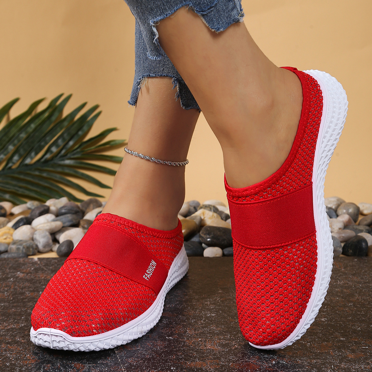 Women's Breathable and Comfortable Knit Mule Sneakers Slip-On Outdoor Walking Shoes