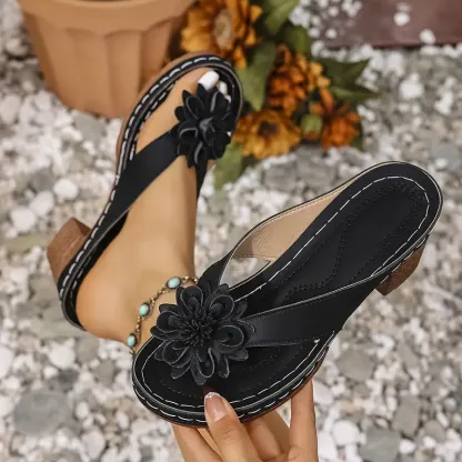 Women's Fashionable Floral Solid Color Block Heel Sandals Flip Flops - All-Match Footwear