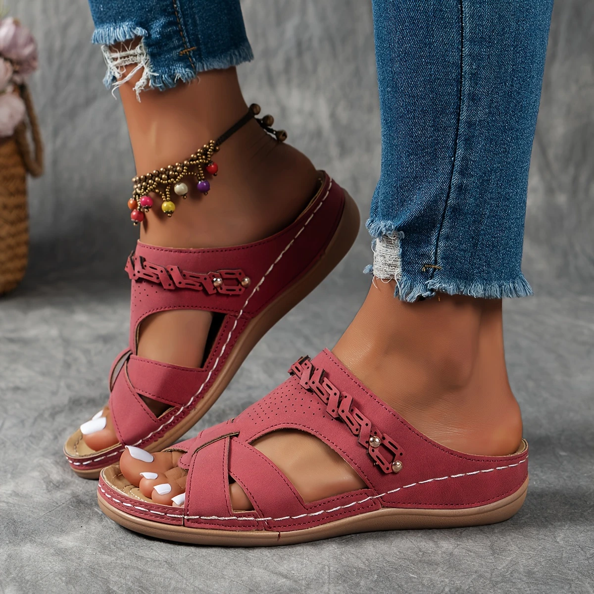 Women's Cut-out Wedge Slide Shoes Casual Outdoor Summer Beach Shoes