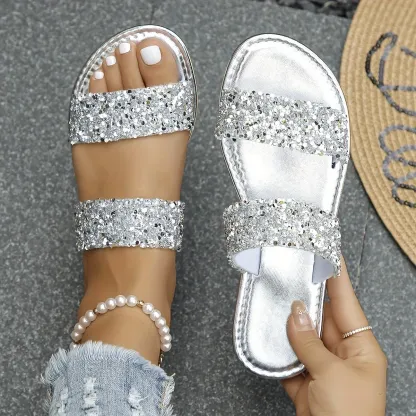 Women's Glitter Rhinestone Lightweight Flat Sandals  Beach Slides