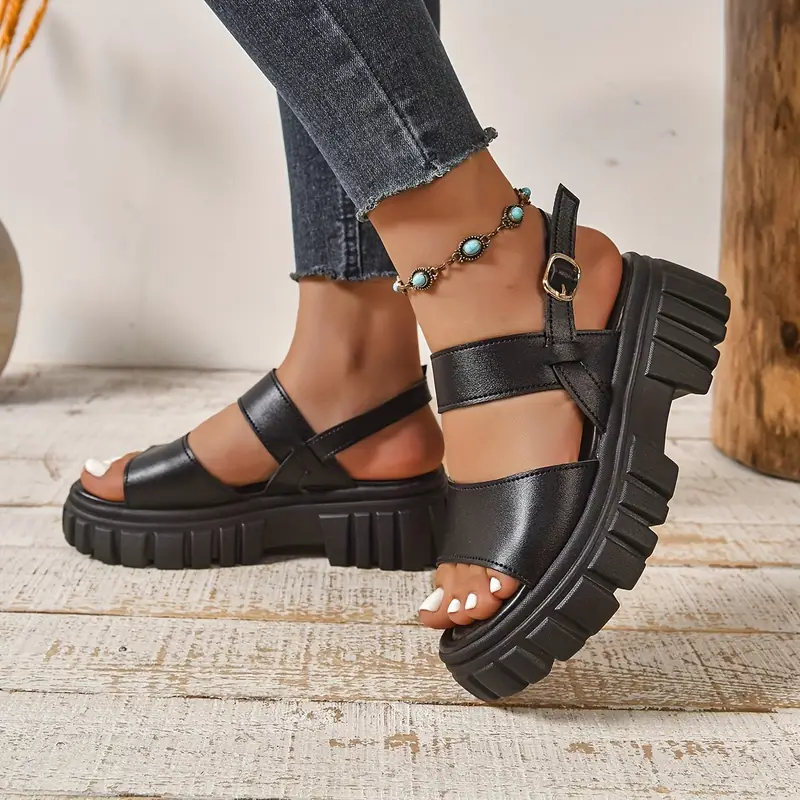 Women's Stylish Comfortable Black Leather Platform Sandals