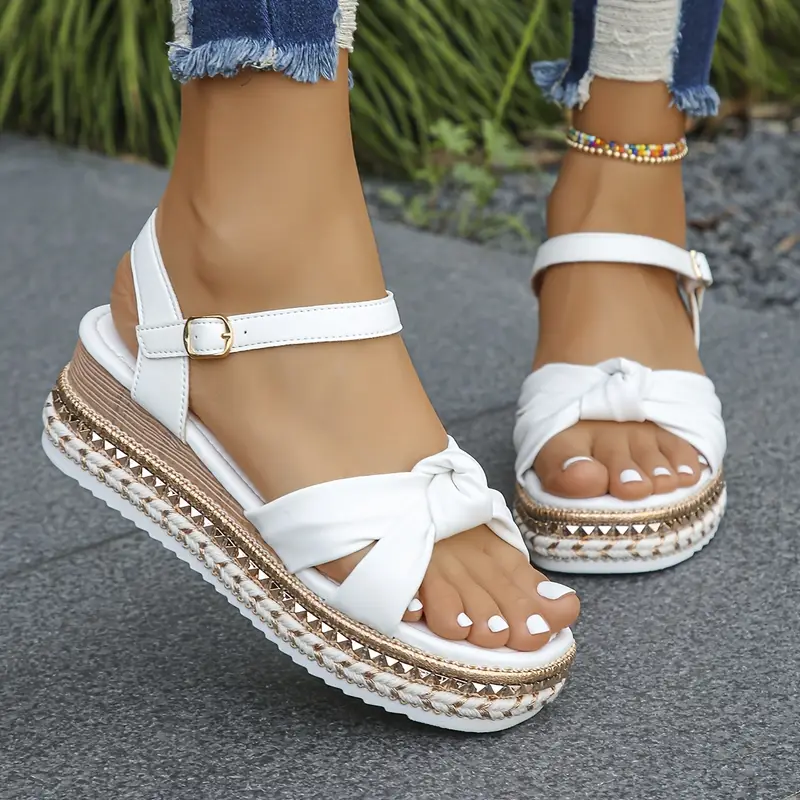 Women's Summer Fashion White Bowknot Thick Sole Wedge Sandals
