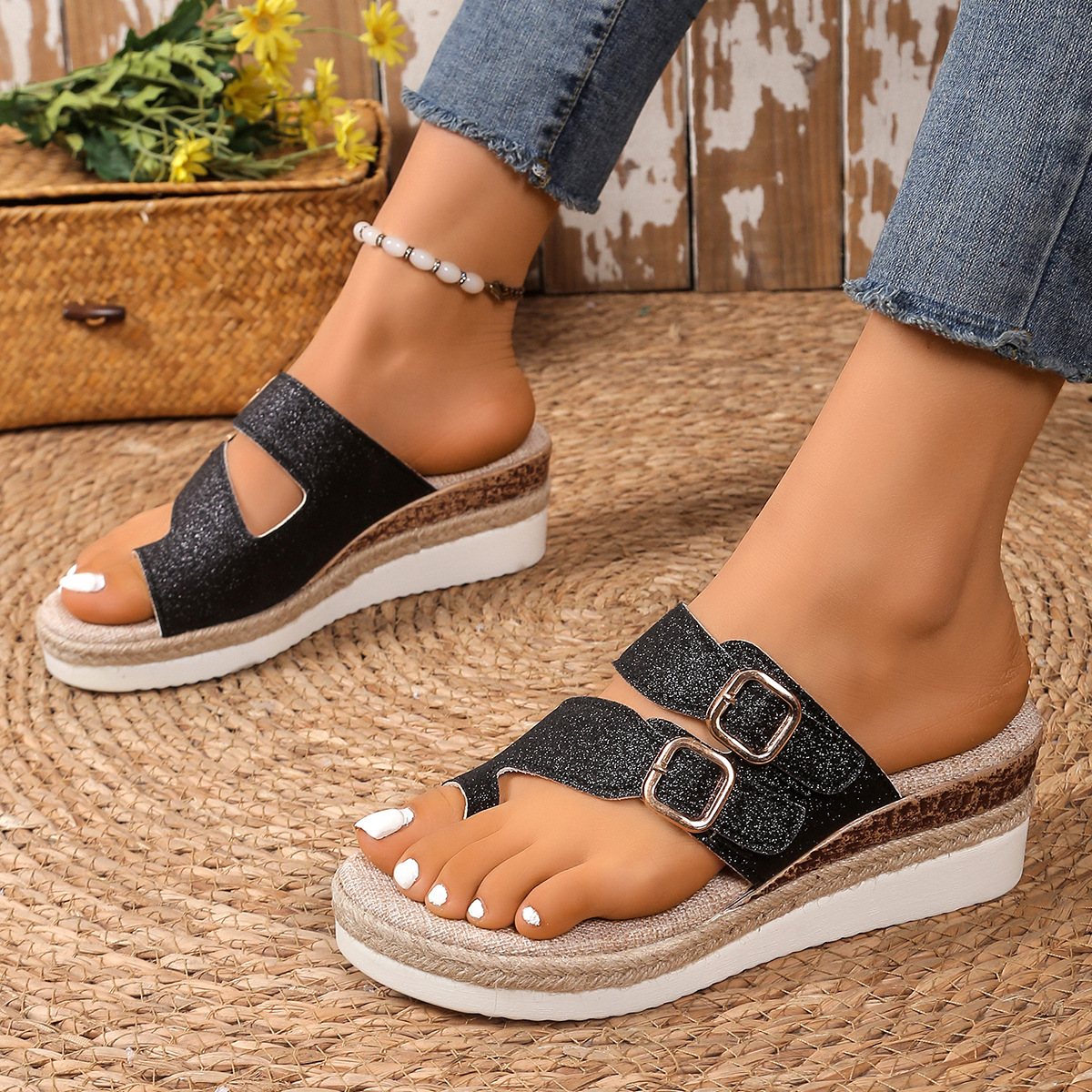 Women's Fashion Glitter Buckle Wedged Sandals Slides