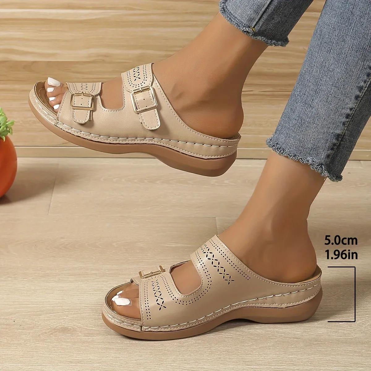 Women's Stylish Comfortable Double Buckle Cut-Out Wedge Sandals Beach Holiday Shoes