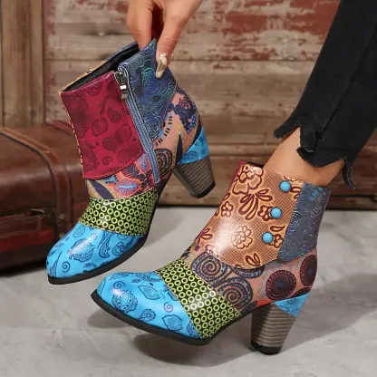 Women's Bohemian Floral Pattern Chunky Boots