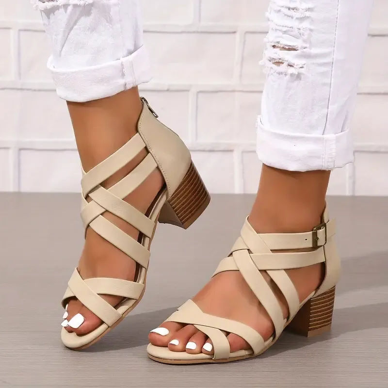 Women's Fashion Cross Strap Chunky Heeled Sandals
