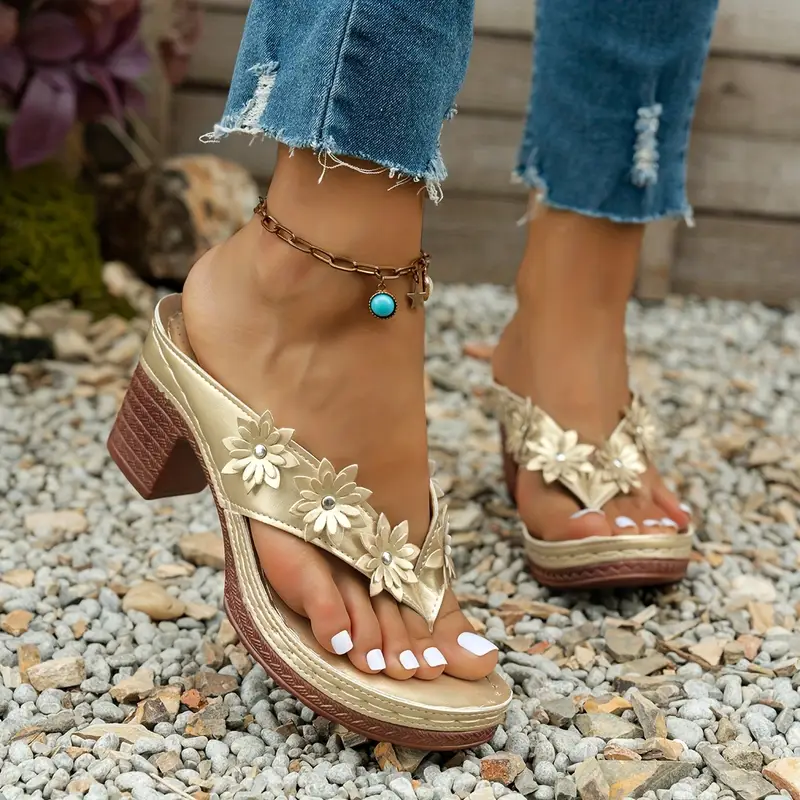 Women's Chic Arch Support Floral Wedge Flip Flops Sandals for Beach Travel Casual Outings