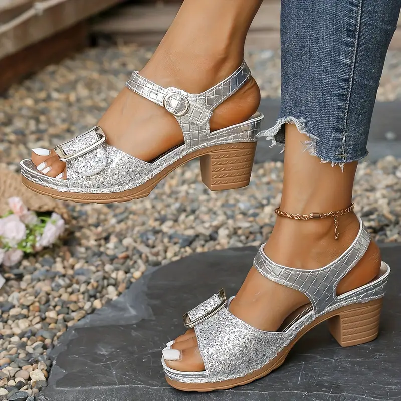 Women's Glittery Chunky Heel Sandals with Adjustable T-Strap & Buckle Closure