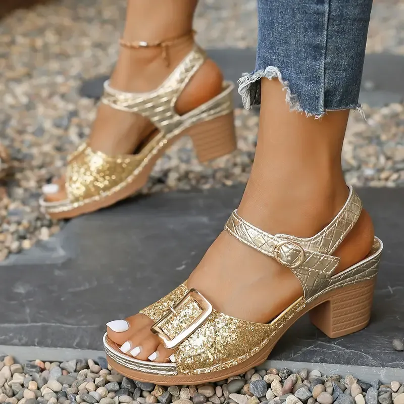 Women's Glittery Chunky Heel Sandals with Adjustable T-Strap & Buckle 