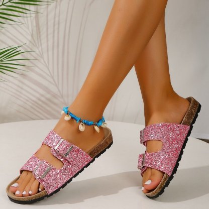 Women's Fashion Soft Lightweight Flat Slippers Home Outdoor Beach Shoes with Adjustable Buckle