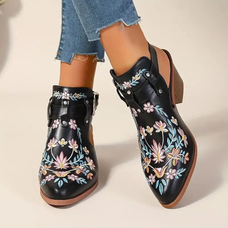 Women's Stylish Floral Vintage Style Chunky Heel Ankle Boots Sandals