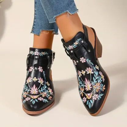 Women's Stylish Floral Vintage Style Chunky Heel Ankle Boots Sandals