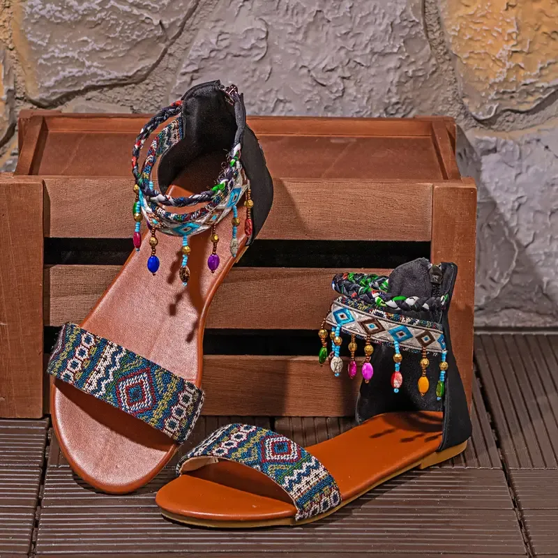 Handmade Bohemian Roman Sandals with Colorful Beads Ankle Straps