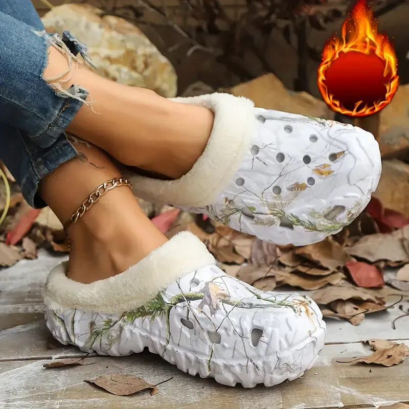 Unisex Comfortable & Warm Winter Camouflage Print Non-Slip Indoor/Outdoor Slip-On Shoes with Plush Lining