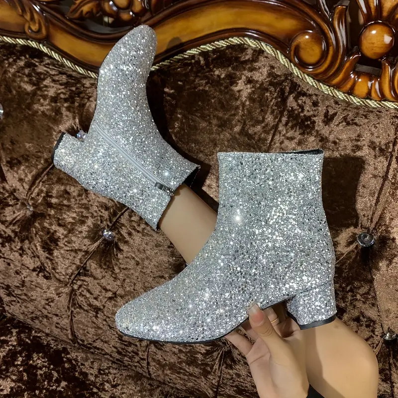 Women's Sparkling Fashion Elegant Versatile Chunky Heel Boots