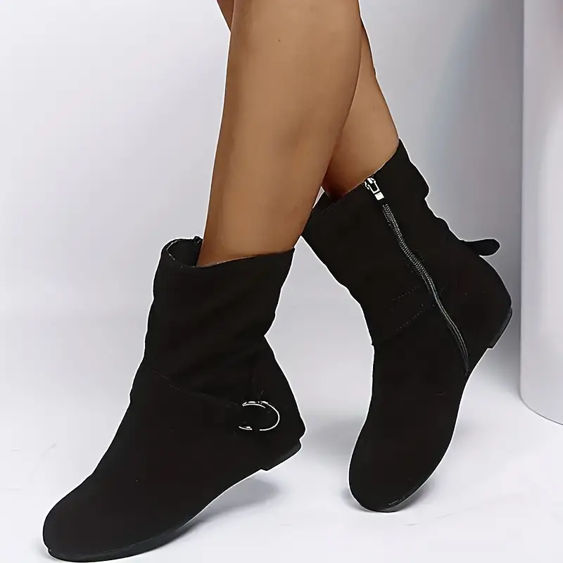 Women's Slouchy Ankle Boots, Solid Color Round Toe Side Zipper Short Boots, Comfortable Flat Boots