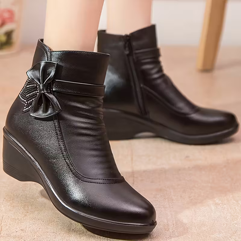 Women's Soft Warm Plush Waterptoof Handmade Leather Bowknot Wedge Heel Short Boots
