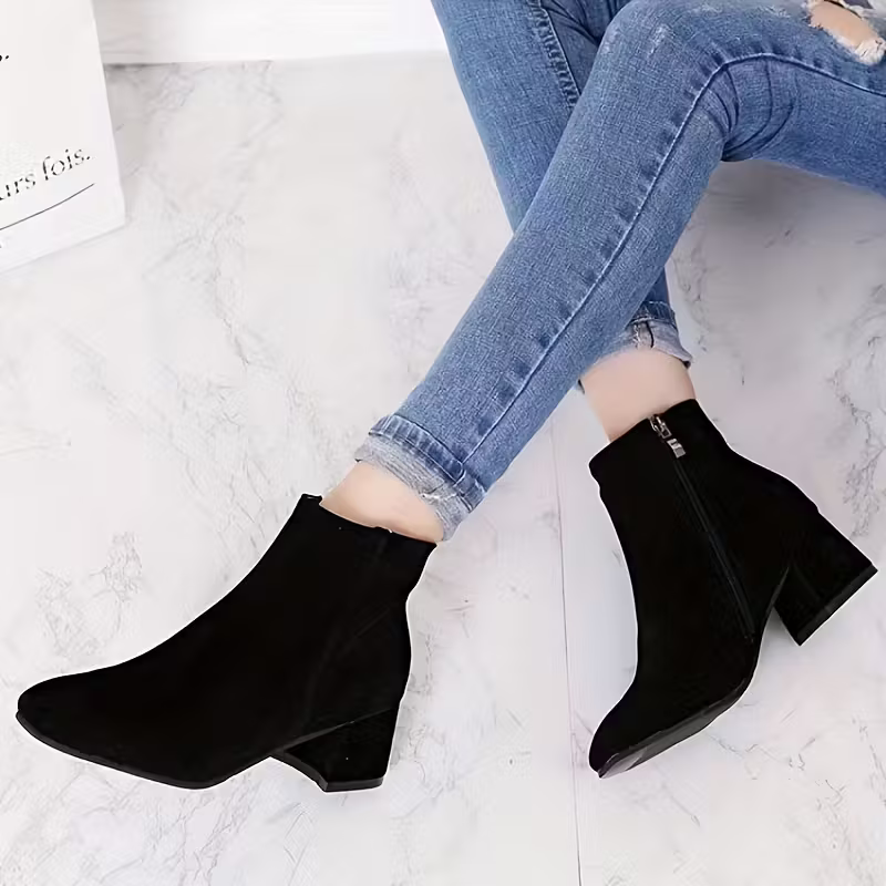 Women's Stylish & Versatile Solid Color Side Zipper Short Boots Block Heeled Ankle Boot