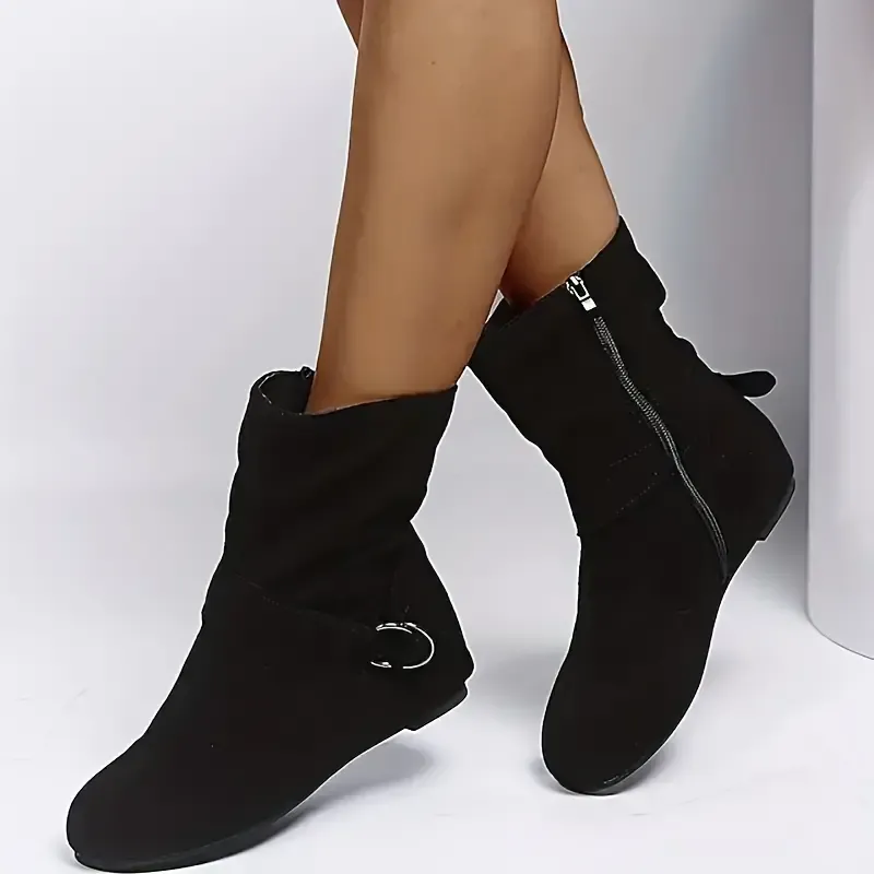 Women's Slouchy Ankle Boots, Solid Color Round Toe Side Zipper Short Boots, Comfortable Flat Boots