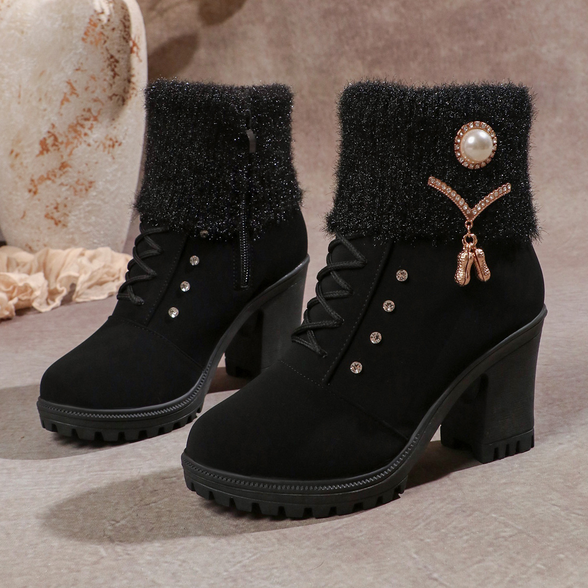 Women's Fashionable Rhinestone Fleece Lining Waterproof and Non-slip Chunky-heeled Boots