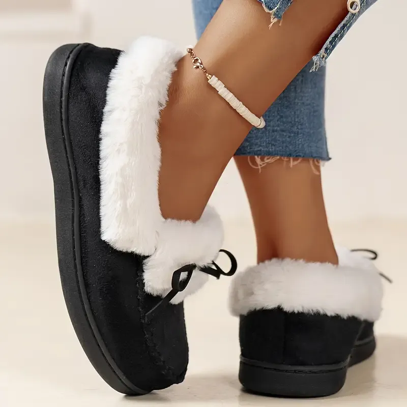 Women's Thermal Long-Pile Indoor/Outdoor Shoes Slippers Bow Slip-Ons