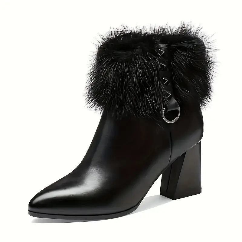 Women's Fluffy Thermal Lined Chunky Heel Ankle Boots