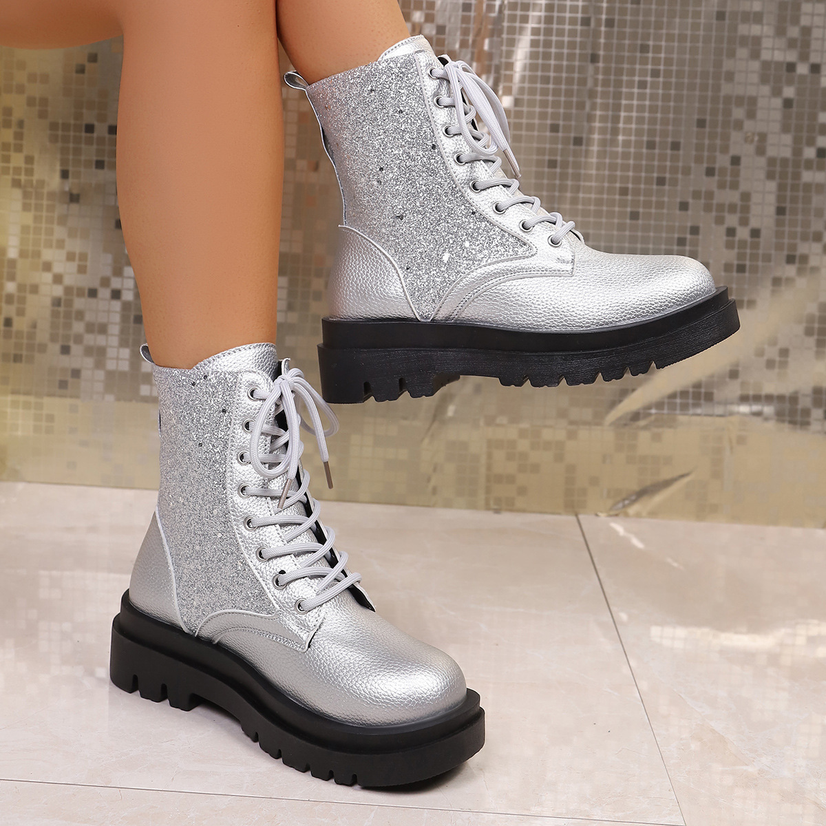 Women's New Sequined Lace-up Platform Martin boots Round-toed Short Boots